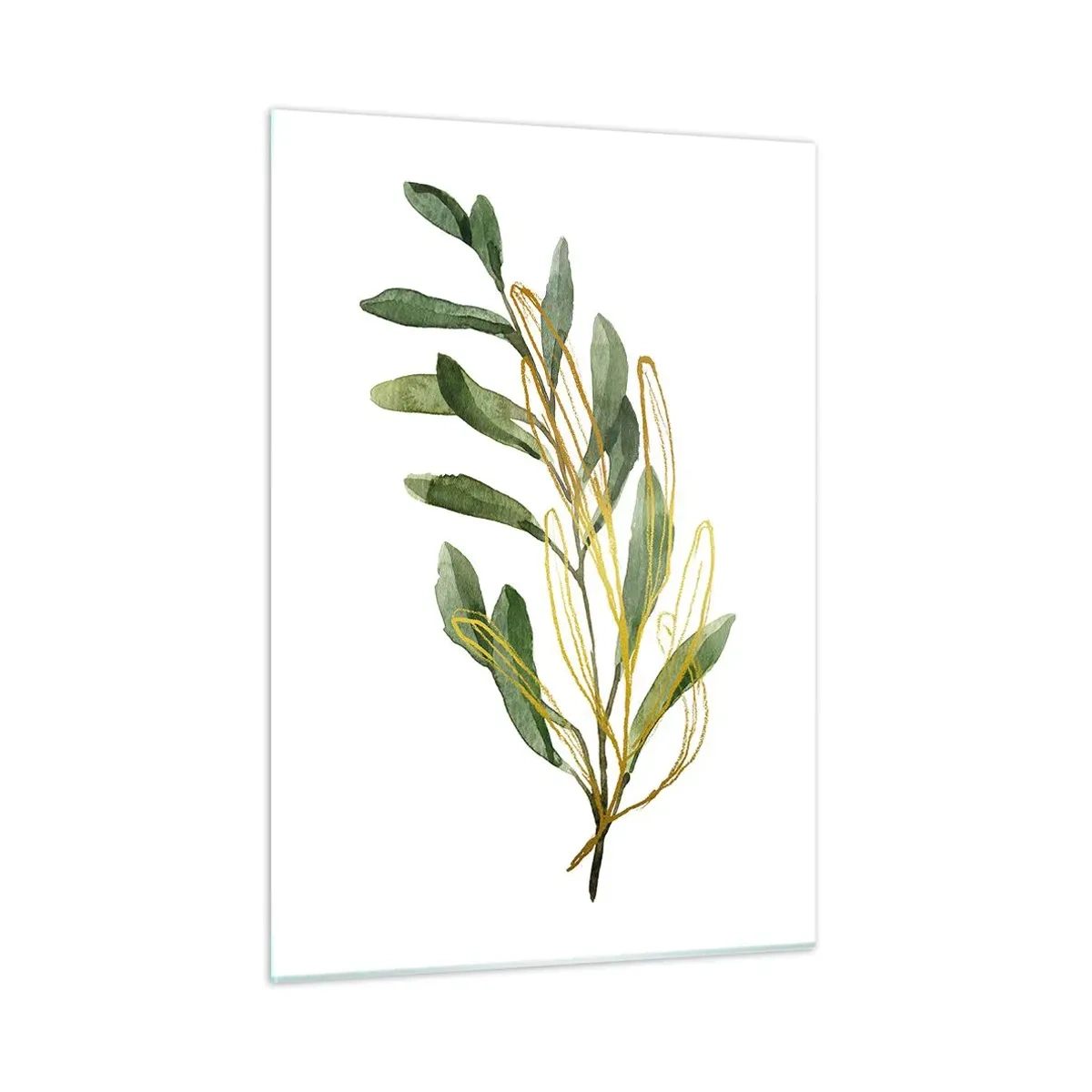 Glasbild - Bild auf glas - Ein grüner Zweig mit einem zarten goldenen Akzent - 50x70cm - Alles was gut ist - Moderne Wanddekoration für Wohnzimmer und Schlafzimmer ARTTOR
