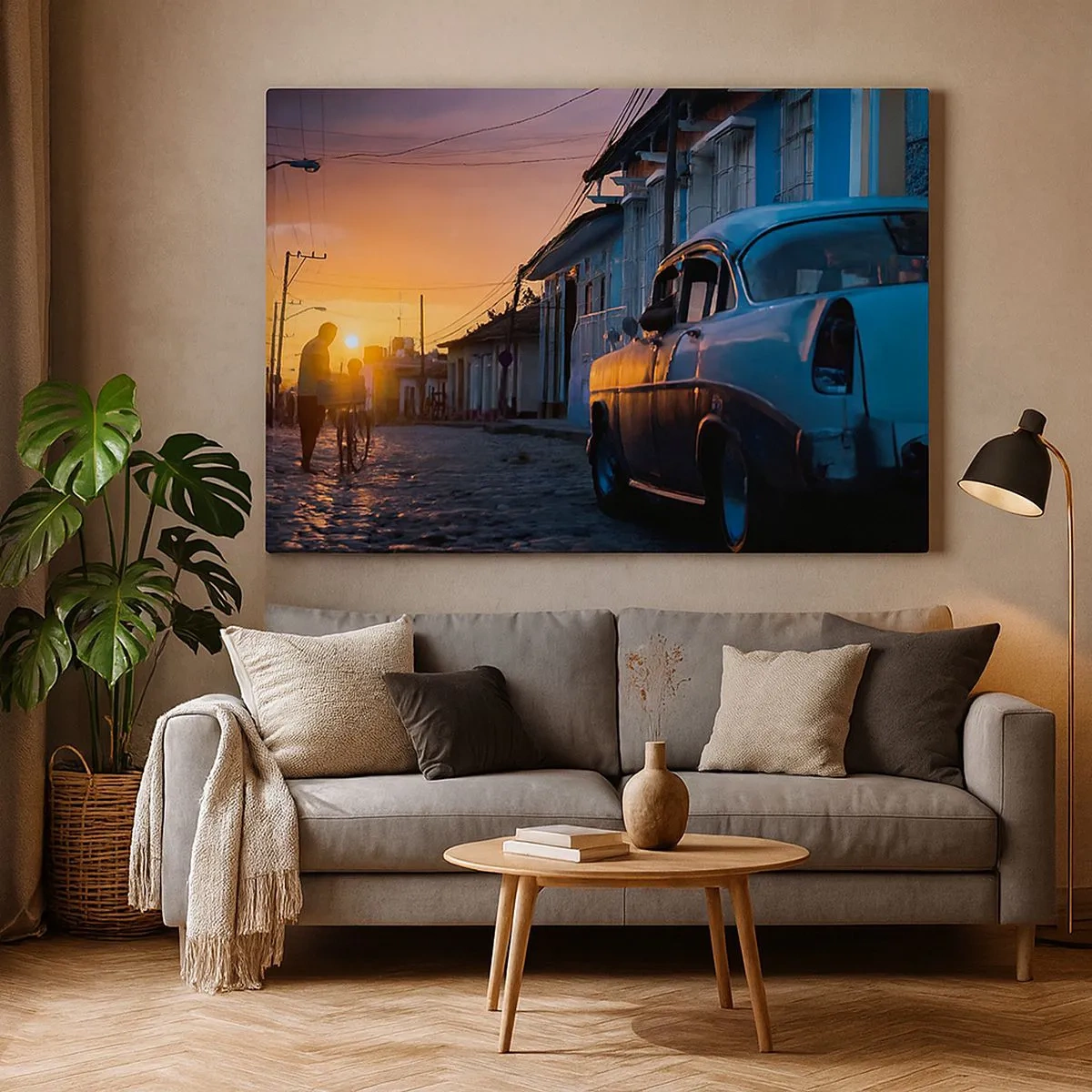 Bild auf Leinwand - Leinwandbild - Retro-Auto und Fahrrad auf der Straße im Licht der untergehenden Sonne - 70x50cm - Hier vergeht die Zeit - Moderne Wanddekoration für Wohnzimmer und Schlafzimmer ARTTOR