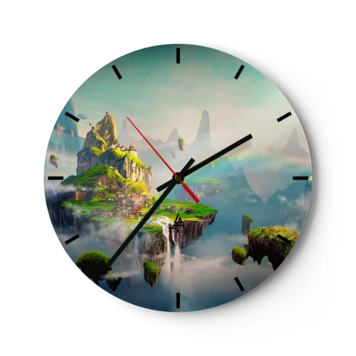 Wanduhr - Glasuhr - Hängende Inseln mit Wasserfällen und üppiger Vegetation zwischen den Wolken - 30x30cm - Mitten am Himmel - glückliche Inseln - Moderne Wanddekoration für Wohnzimmer, Küche und Schlafzimmer ARTTOR