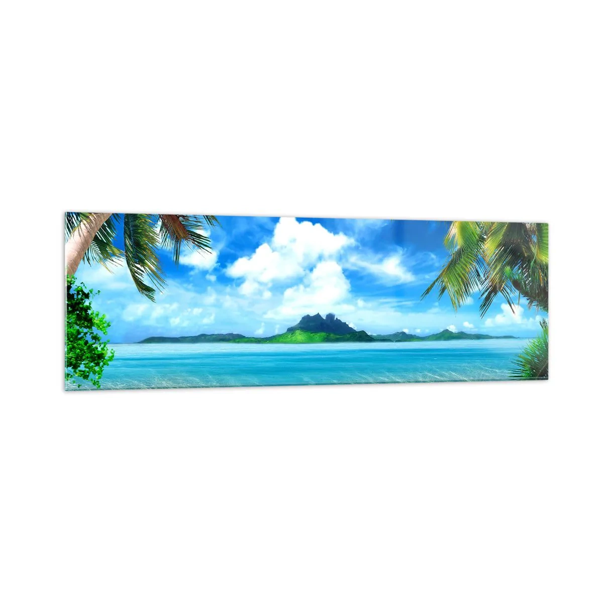 Glasbild - Bild auf glas - Tropischer Strand mit Palmen und Blick auf die Insel - 160x50cm - Das Azurblau der Tropen - Moderne Wanddekoration für Wohnzimmer und Schlafzimmer ARTTOR