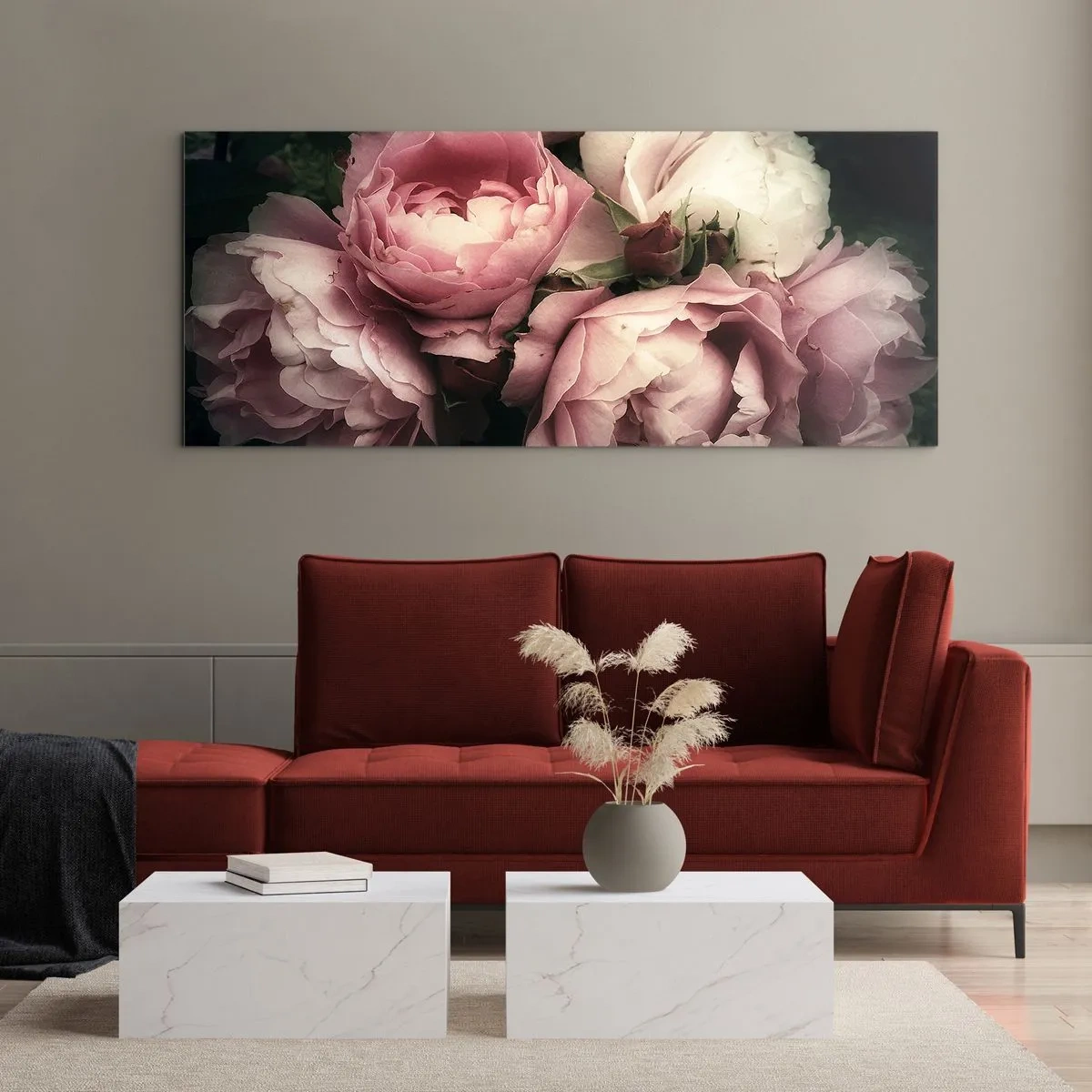 Glasbild - Bild auf glas - Ein Strauß Rosen in zarten Rosa- und Weißtönen - 140x50cm - Der Charme der Belle Epoque - Moderne Wanddekoration für Wohnzimmer und Schlafzimmer ARTTOR
