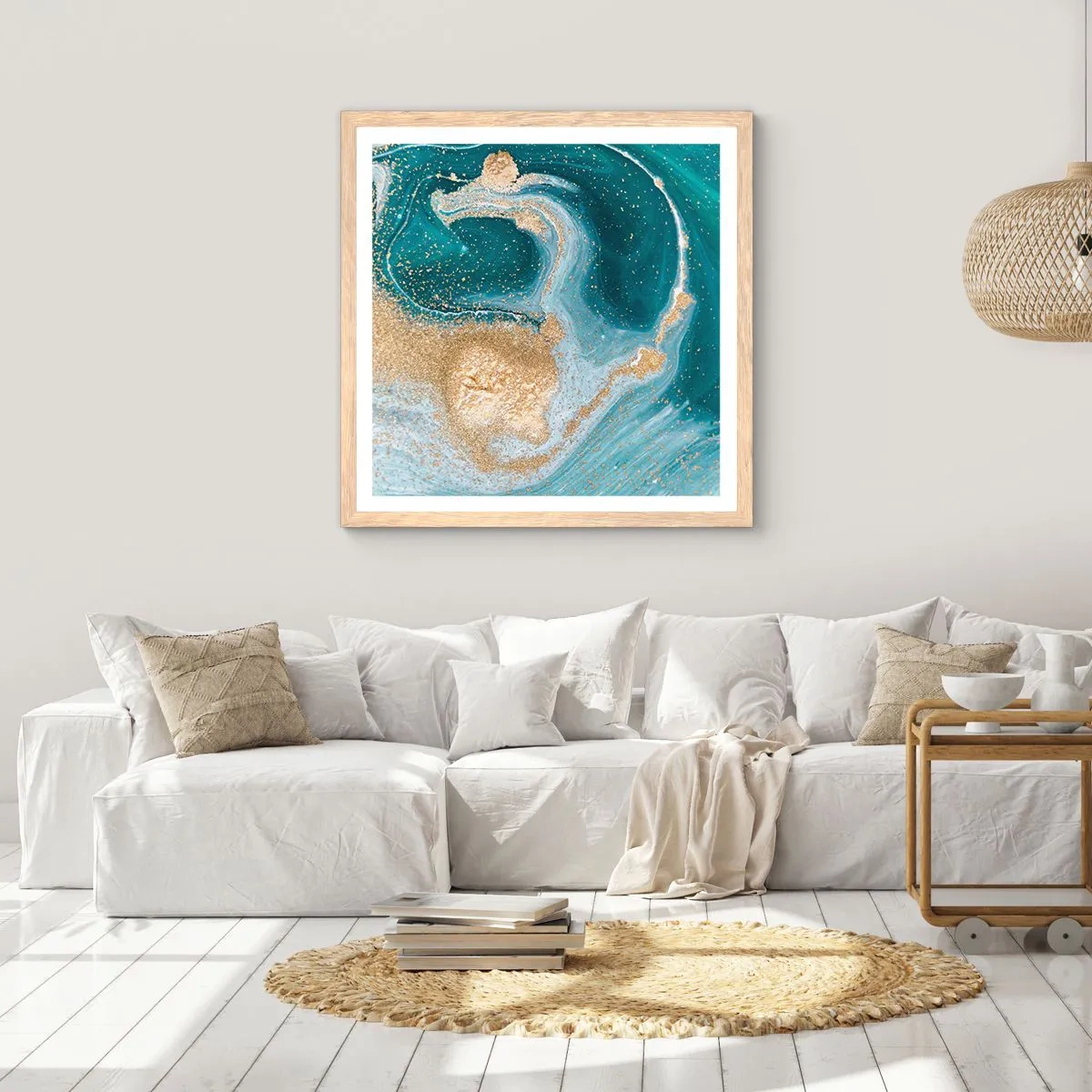 Poster in einem Rahmen aus heller Eiche - Ein Strudel aus Gold und Türkis - 50x50 cm