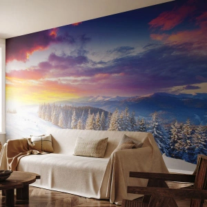 Fototapete Premium Sand - Winterliche Berglandschaft bei Sonnenuntergang - 100x70cm - Am helllichten Tag - Moderne Wanddekoration für Wohnzimmer und Schlafzimmer ARTTOR