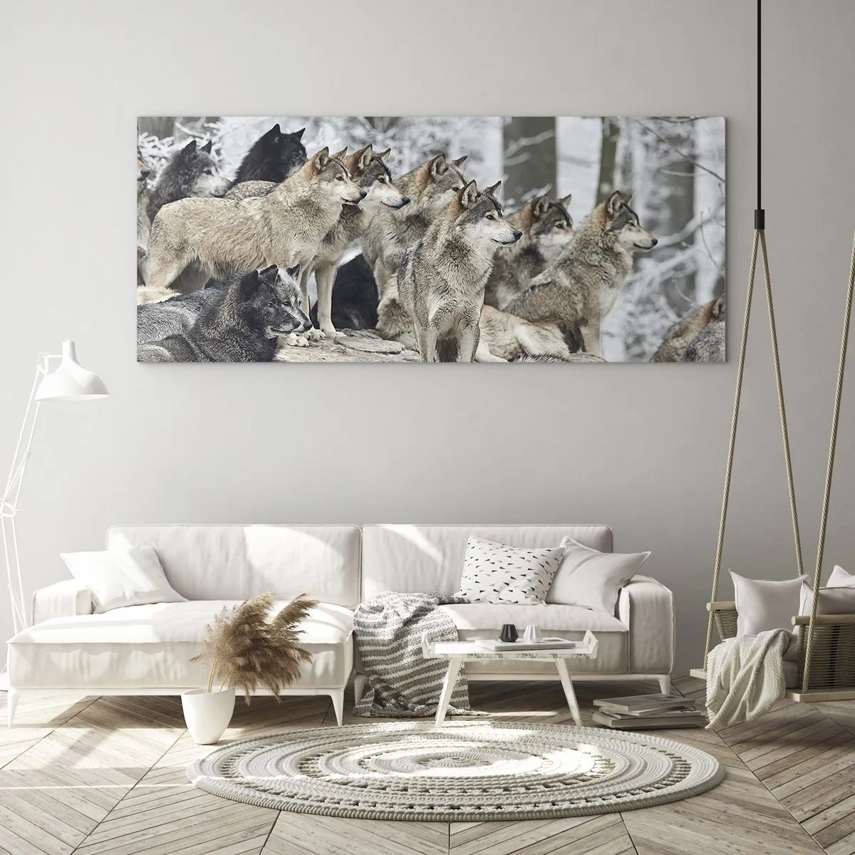Glasbild - Bild auf glas - Ein Wolfsrudel im Winterwald - 160x50cm - Familie und Freunde - Moderne Wanddekoration für Wohnzimmer und Schlafzimmer ARTTOR