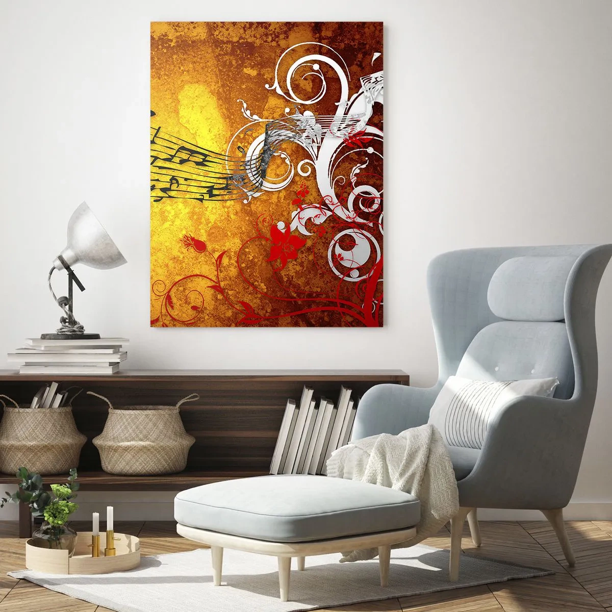 Glasbild - Bild auf glas - Musikalische Motive vor einem Hintergrund aus goldenen Ornamenten - 50x70cm - Lass die Musik fließen - Moderne Wanddekoration für Wohnzimmer und Schlafzimmer ARTTOR