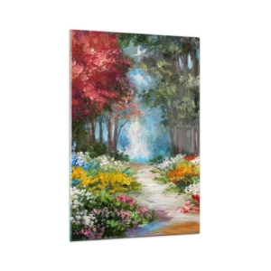 Glasbild - Bild auf glas - Ein malerischer Garten voller bunter Blumen und Bäume in einer Waldumgebung - 70x100cm - Waldgarten, Blumenwald - Moderne Wanddekoration für Wohnzimmer und Schlafzimmer ARTTOR