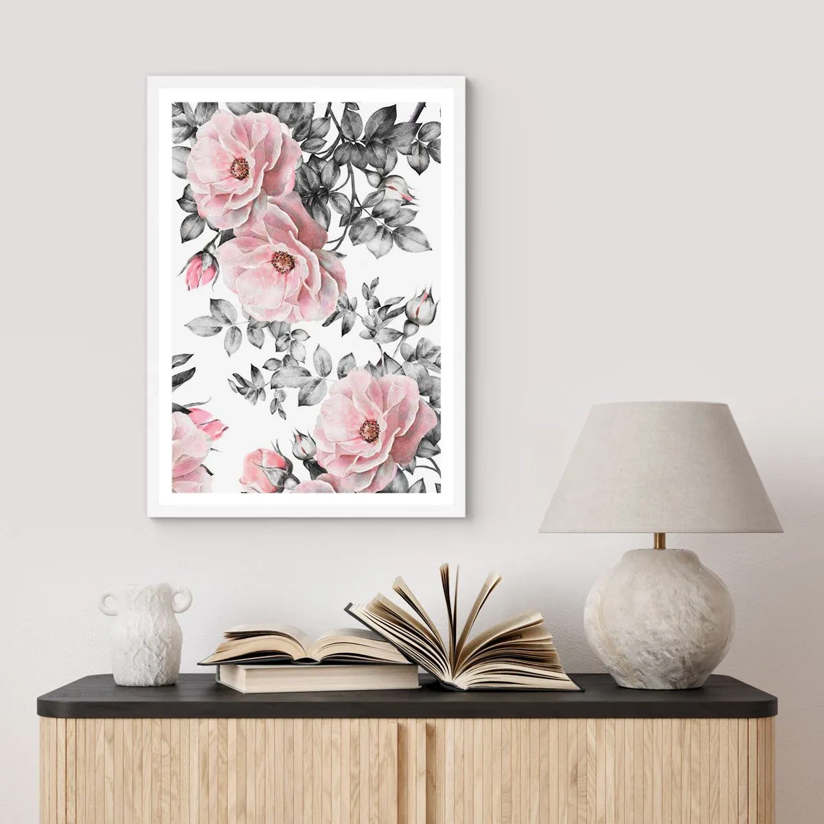 Poster in einem weißen Rahmen - Verliere dich in den Blüten der Rosen - 50x70 cm