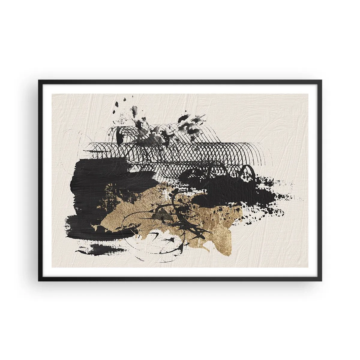 Poster in einem schwarzem Rahmen - Ein abstraktes Gemälde in Schwarz und Gold mit dynamischen Linien und Strukturen. - 100x70cm - Komposition mit Leidenschaft - Moderne Wanddekoration für Wohnzimmer und Schlafzimmer ARTTOR