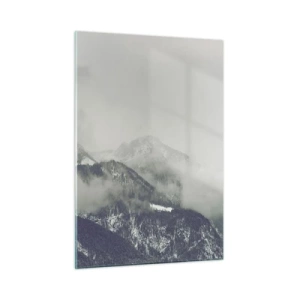 Glasbild - Bild auf glas - Ein Bergtal im Nebel in Grautönen - 50x70cm - Nebliges Tal - Moderne Wanddekoration für Wohnzimmer und Schlafzimmer ARTTOR