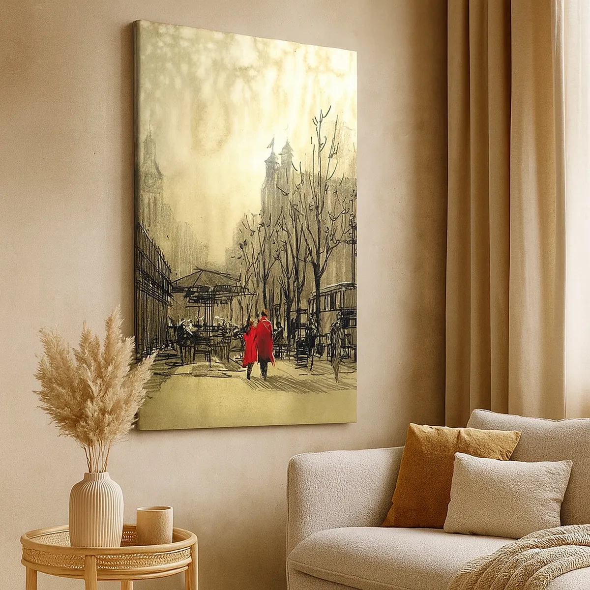 Bild auf Leinwand - Leinwandbild - Eine rote Figur in einer nostalgischen urbanen Umgebung - 50x70cm - Ein Date im Londoner Nebel - Moderne Wanddekoration für Wohnzimmer und Schlafzimmer ARTTOR