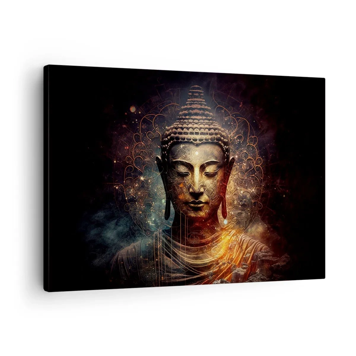 Bild auf Leinwand - Leinwandbild - Goldener Buddha auf dunklem Hintergrund mit Ornamenten - 70x50cm - Spirituelles Gleichgewicht - Moderne Wanddekoration für Wohnzimmer und Schlafzimmer ARTTOR