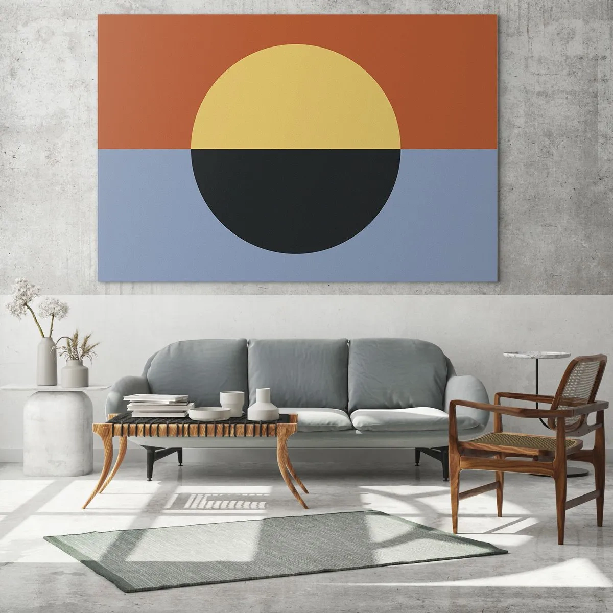Glasbild - Bild auf glas - Abstrakte Komposition mit einem Kreis in warmen und kalten Farbtönen - 120x80cm - Eine Komposition aus Wärme und Kühle - Moderne Wanddekoration für Wohnzimmer und Schlafzimmer ARTTOR