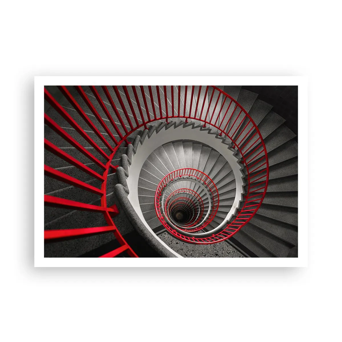 Poster - Wendeltreppe mit roten Handläufen in dynamischer Perspektive - 100x70cm - Architekturspaß - Moderne Wanddekoration für Wohnzimmer und Schlafzimmer ARTTOR