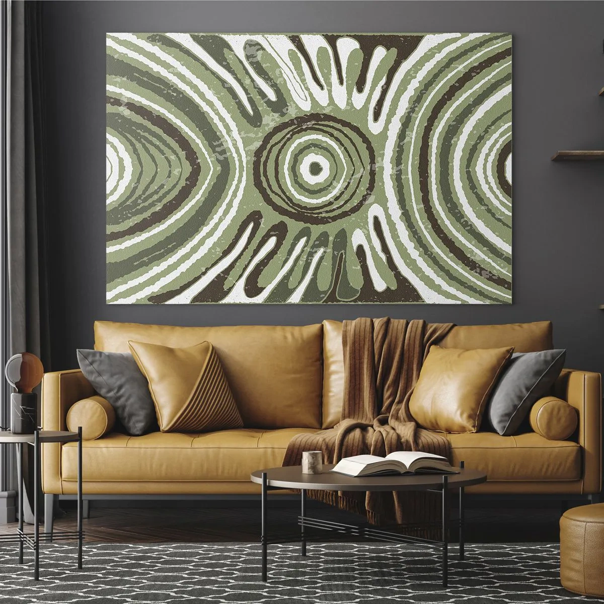 Glasbild - Bild auf glas - Grüne konzentrische Kreise und abstrakte Linien - 70x50cm - Explosion von Emotionen - Moderne Wanddekoration für Wohnzimmer und Schlafzimmer ARTTOR