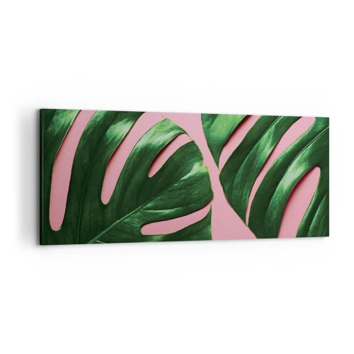 Bild auf Leinwand - Leinwandbild - Grüne Monstera-Blätter auf rosa Hintergrund - 120x50cm - Rendezvous im Grünen - Moderne Wanddekoration für Wohnzimmer und Schlafzimmer ARTTOR