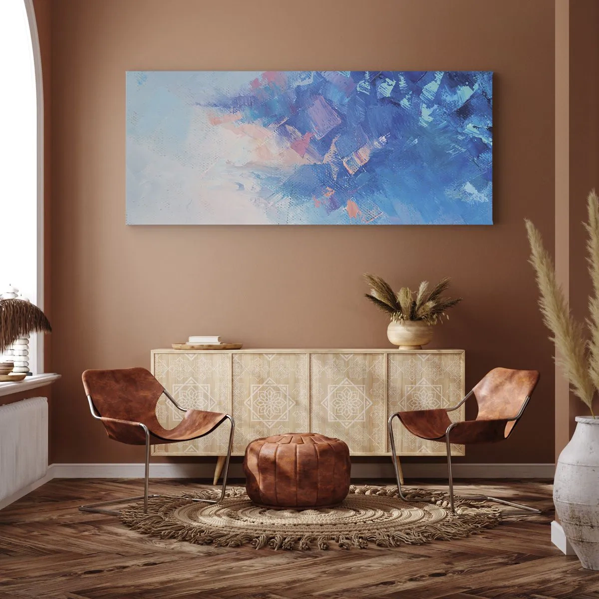 Bild auf Leinwand - Leinwandbild - Abstrakte Komposition in Blau- und Rosatönen - 120x50cm - Winter-Abstraktion - Moderne Wanddekoration für Wohnzimmer und Schlafzimmer ARTTOR
