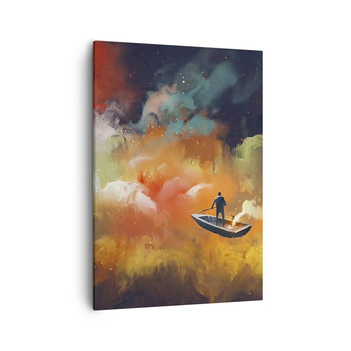 Bild auf Leinwand - Leinwandbild - Eine Figur in einem Boot vor einem Hintergrund aus bunten Wolken - 50x70cm - Mit dem Boot durch die Galaxie - Moderne Wanddekoration für Wohnzimmer und Schlafzimmer ARTTOR