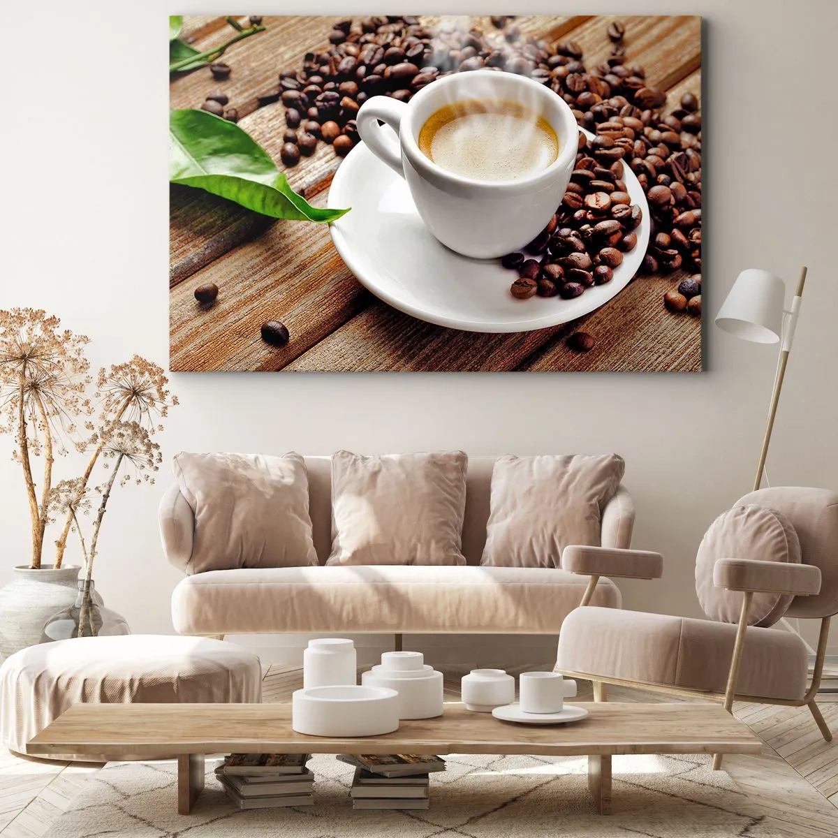 Bild auf Leinwand - Leinwandbild - Eine Tasse aromatischen Kaffee vor dem Hintergrund von Bohnen und einem Blatt - 70x50cm - Kaffee auf der Bank - Moderne Wanddekoration für Wohnzimmer und Schlafzimmer ARTTOR