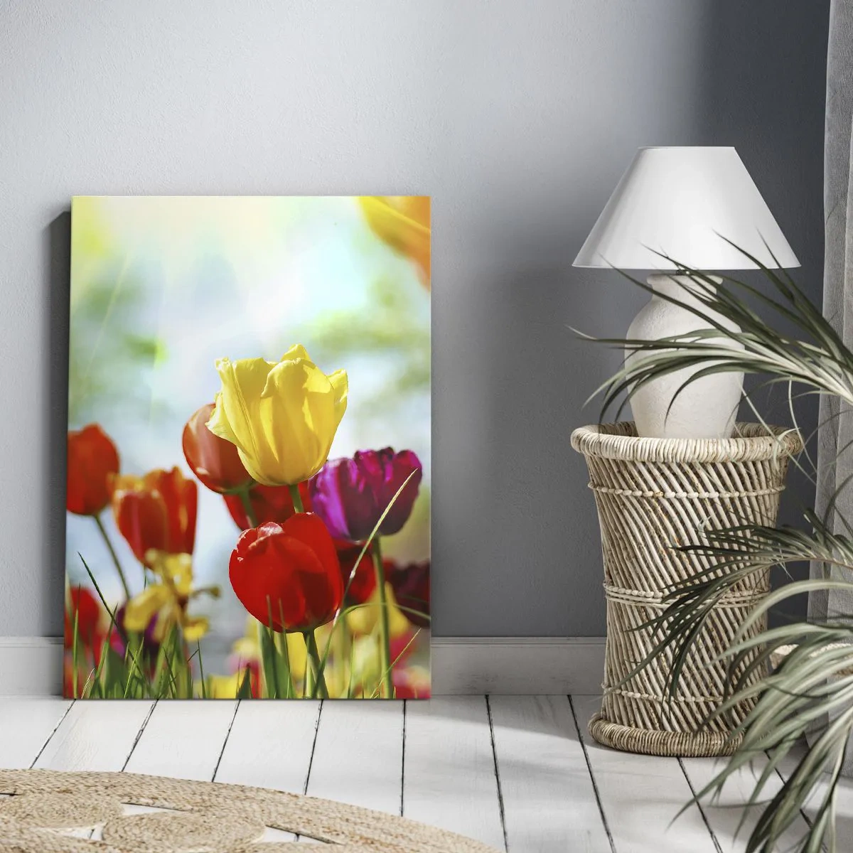 Bild auf Leinwand - Leinwandbild - Bunte Tulpen im Sonnenschein - 50x70cm - Alle Farben der Sonne - Moderne Wanddekoration für Wohnzimmer und Schlafzimmer ARTTOR