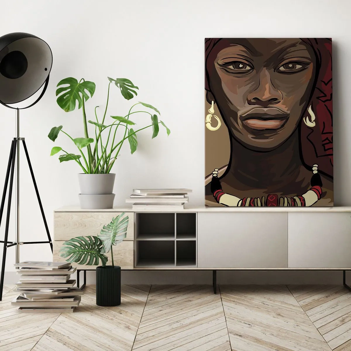 Bild auf Leinwand - Leinwandbild - Porträt einer Frau mit rotem Turban auf beigem Hintergrund - 50x70cm - Venus aus Ebenholz  - Moderne Wanddekoration für Wohnzimmer und Schlafzimmer ARTTOR