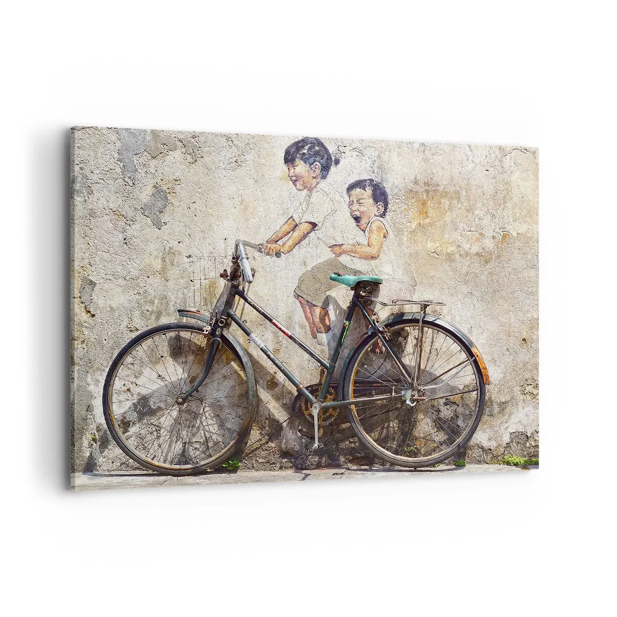 Bild auf Leinwand - Leinwandbild - Streetart mit Fahrrad und Kinderzeichnungen an der Wand - 100x70cm - Richtig oder falsch? - Moderne Wanddekoration für Wohnzimmer und Schlafzimmer ARTTOR