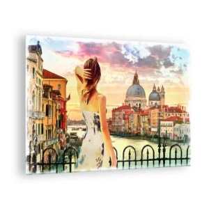 Glasbild - Bild auf glas - Eine Frau bewundert den Blick auf Venedig bei Sonnenuntergang. - 70x50cm - Als Abenteuer nur in ... - Moderne Wanddekoration für Wohnzimmer und Schlafzimmer ARTTOR