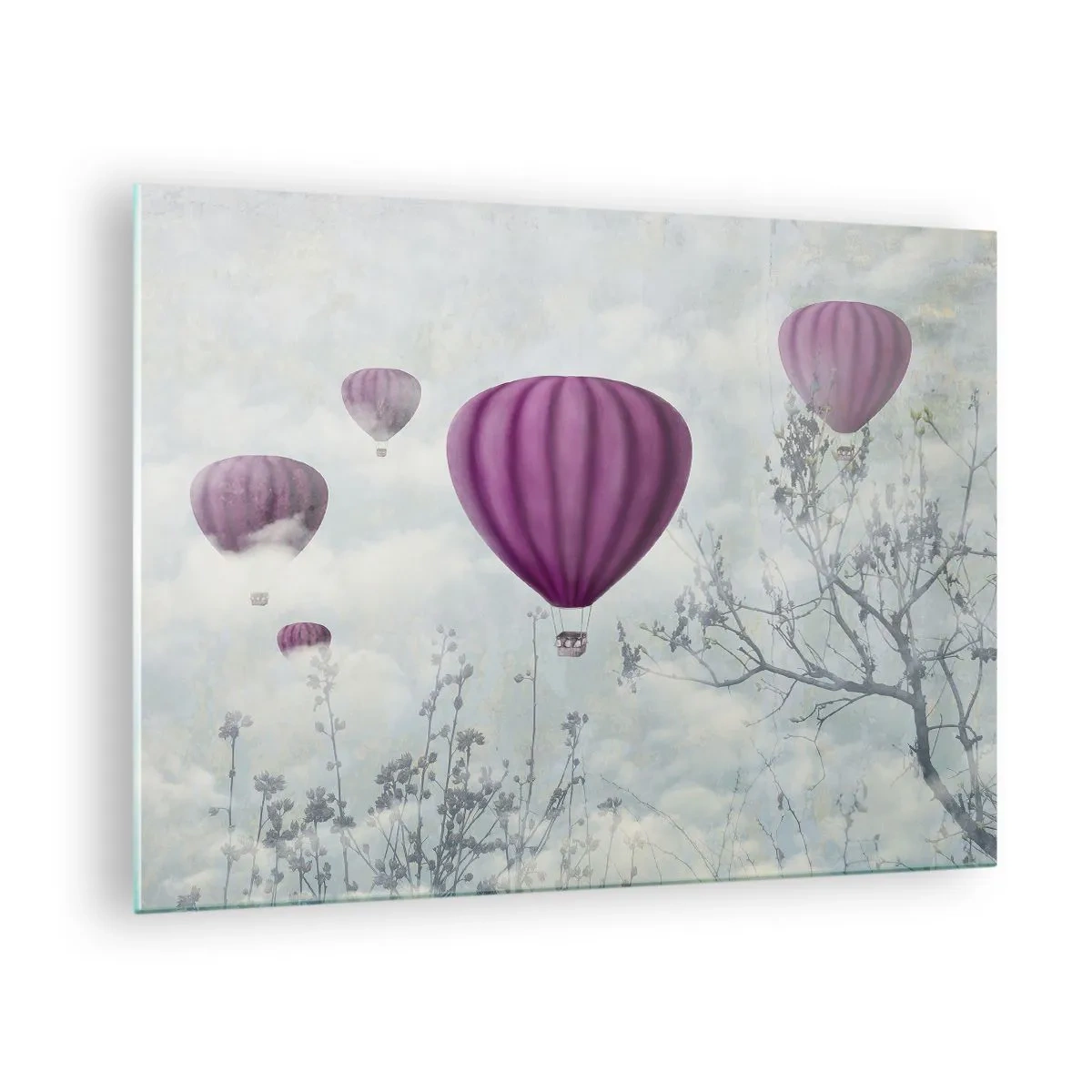 Glasbild - Bild auf glas - Lila Ballons schweben zwischen den Wolken und Ästen - 70x50cm - Wie Schiffe am Himmel - Moderne Wanddekoration für Wohnzimmer und Schlafzimmer ARTTOR