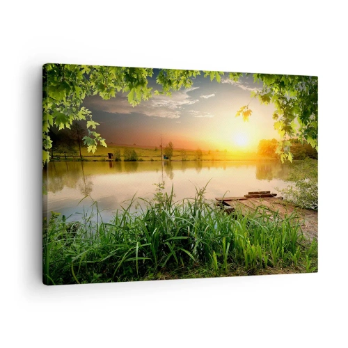 Bild auf Leinwand - Leinwandbild - Grüne Landschaft mit einem See bei Sonnenuntergang - 70x50cm - Landschaft in einem grünen Rahmen - Moderne Wanddekoration für Wohnzimmer und Schlafzimmer ARTTOR