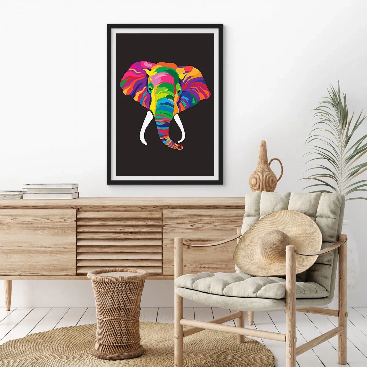 Poster in einem schwarzem Rahmen - Ein buntes Bild eines Elefanten auf schwarzem Hintergrund - 50x70cm - Der Elefant, der es liebte, im Regenbogen zu baden - Moderne Wanddekoration für Wohnzimmer und Schlafzimmer ARTTOR