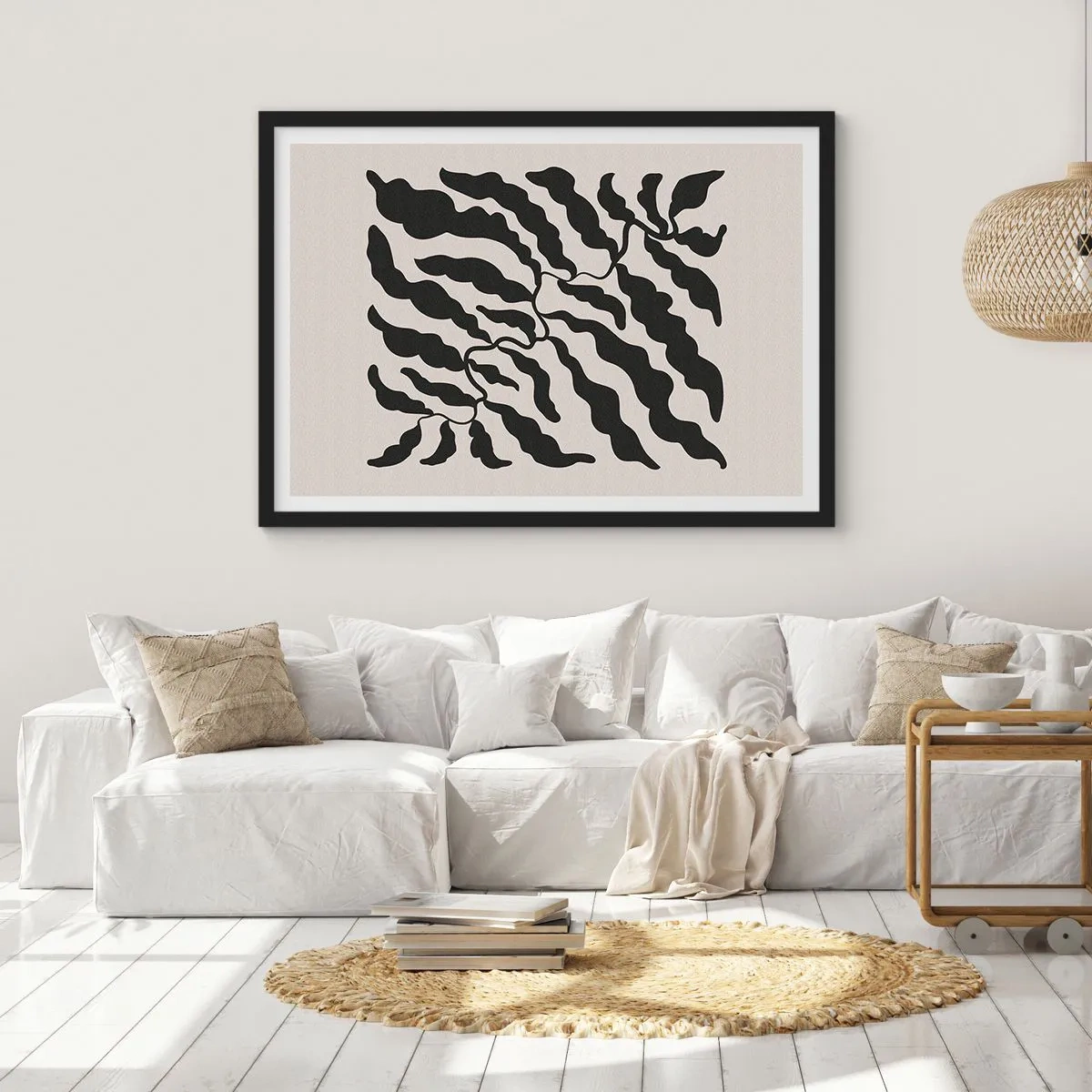 Poster in einem schwarzem Rahmen - Zweige mit Blättern in Schwarz auf hellem Hintergrund - 70x50cm - Natur des Quadrats - Moderne Wanddekoration für Wohnzimmer und Schlafzimmer ARTTOR