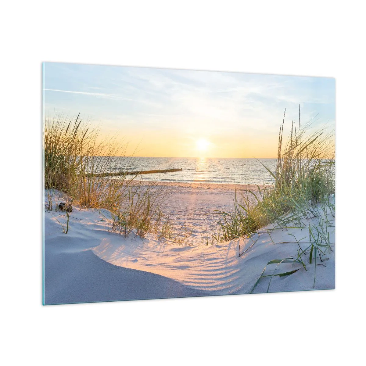 Glasbild - Bild auf glas - Sonnenuntergangsstrand mit Blick auf das Meer und Dünengräser - 100x70cm - Das Rauschen des Meeres, der Gesang der Vögel, ein wilder Strand im Gras ... - Moderne Wanddekoration für Wohnzimmer und Schlafzimmer ARTTOR