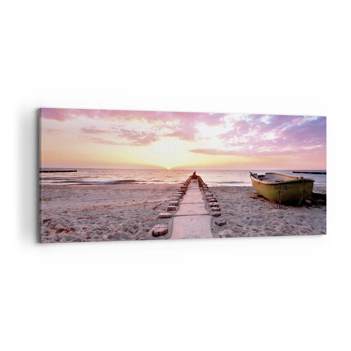 Bild auf Leinwand - Leinwandbild - Sunrise Beach mit Boot und Pier - 120x50cm - Ein Moment tiefer Erfahrung - Moderne Wanddekoration für Wohnzimmer und Schlafzimmer ARTTOR