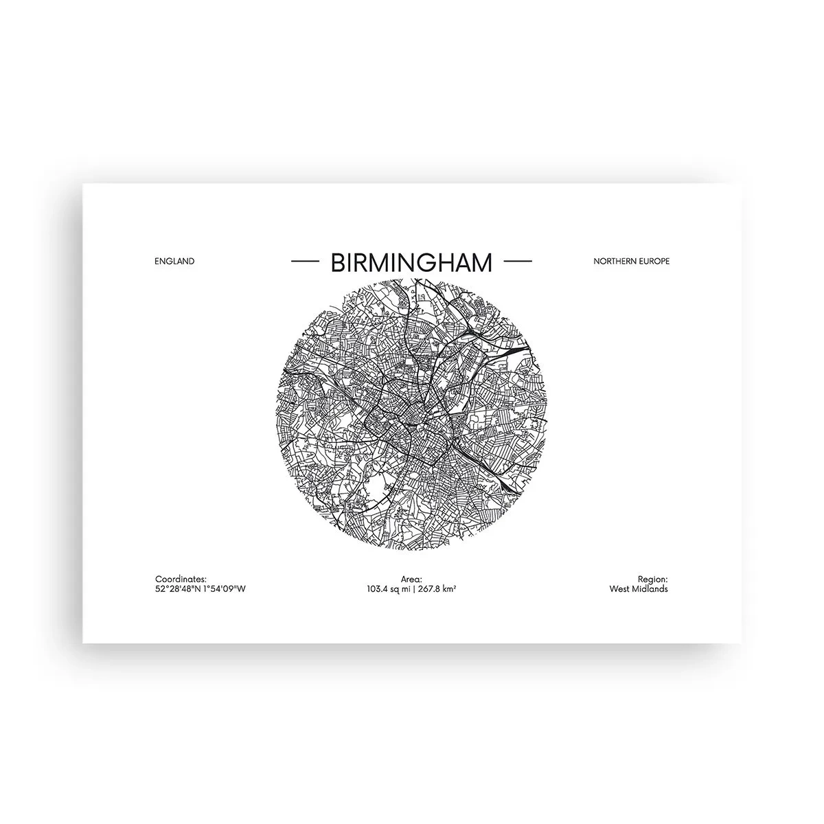 Poster - Eine minimalistische Schwarzweißkarte von Birmingham mit präzisen Details. - 100x70cm - Anatomie von Birmingham - Moderne Wanddekoration für Wohnzimmer und Schlafzimmer ARTTOR