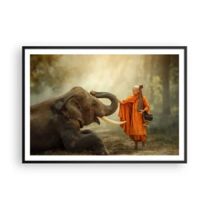 Poster in einem schwarzem Rahmen - Ein Mönch und ein Elefant in Harmonie vor der Kulisse der Natur - 100x70cm - Treffen unterwegs - Moderne Wanddekoration für Wohnzimmer und Schlafzimmer ARTTOR