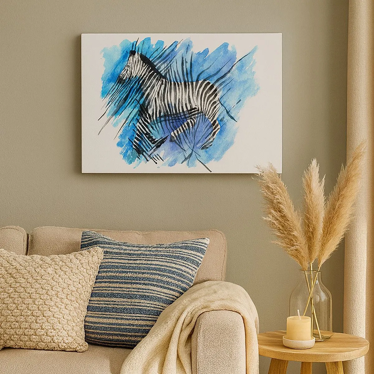 Bild auf Leinwand - Leinwandbild - Aquarell-Illustration eines Zebras vor blauem Himmel - 70x50cm - In Streifen versteckt - Moderne Wanddekoration für Wohnzimmer und Schlafzimmer ARTTOR