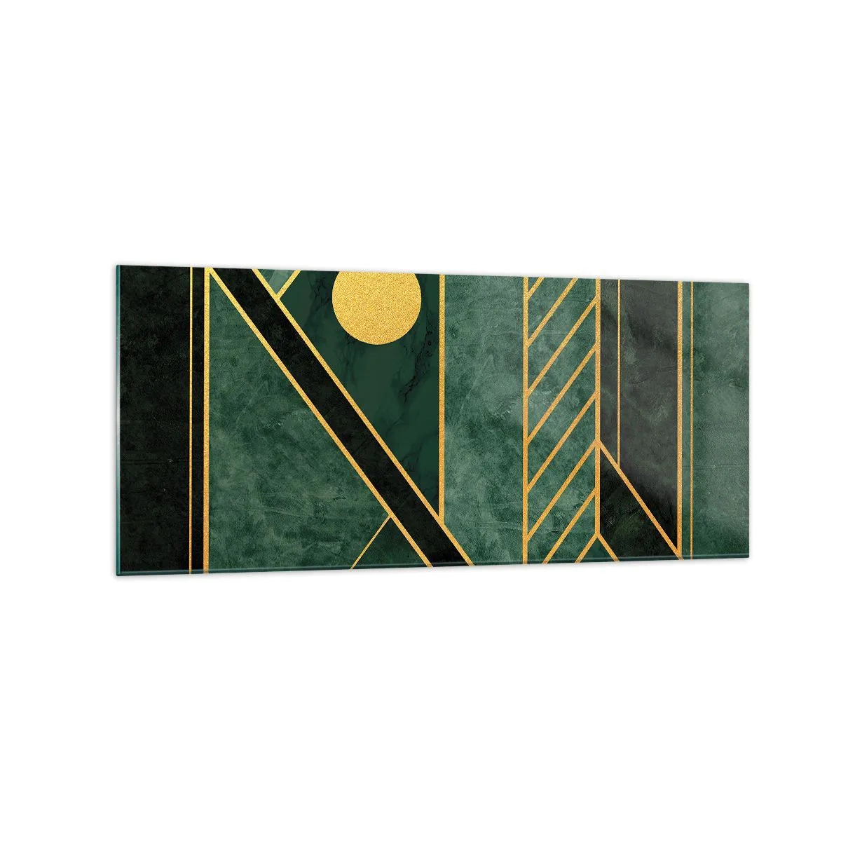 Glasbild - Bild auf glas - Grünes und goldenes geometrisches Design mit elegantem Muster - 120x50cm - Dynamik von Gold und Azurblau - Moderne Wanddekoration für Wohnzimmer und Schlafzimmer ARTTOR