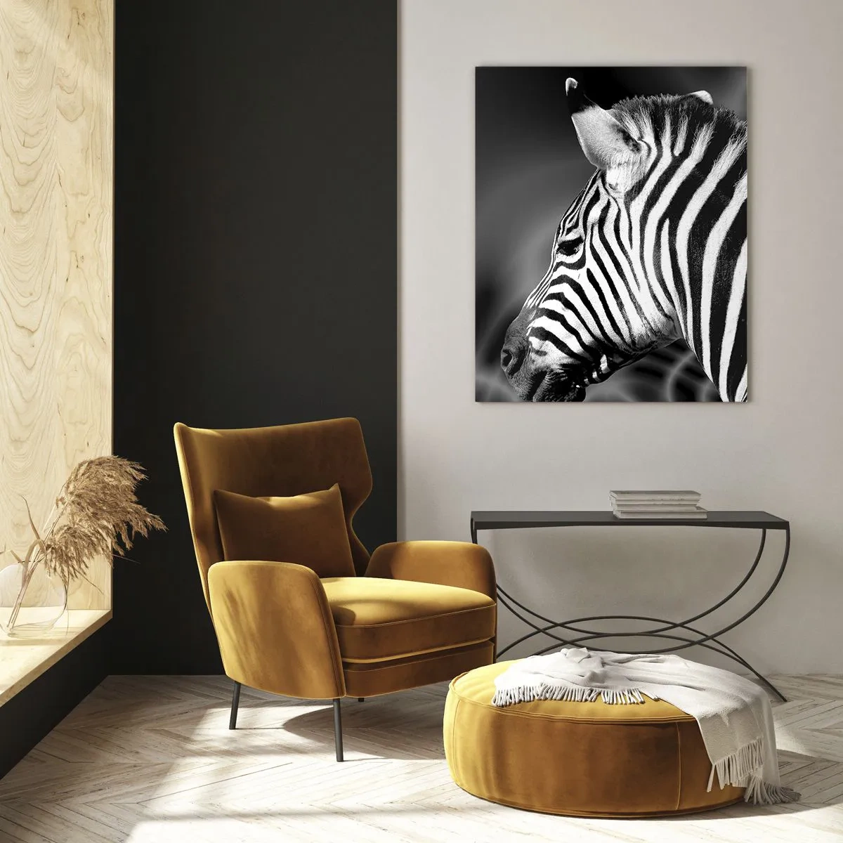 Glasbild - Bild auf glas - Schwarz-Weiß-Porträt eines Zebras vor einem Hintergrund abstrakter Muster. - 80x120cm - Weiß ist weiß und schwarz ist schwarz - Moderne Wanddekoration für Wohnzimmer und Schlafzimmer ARTTOR