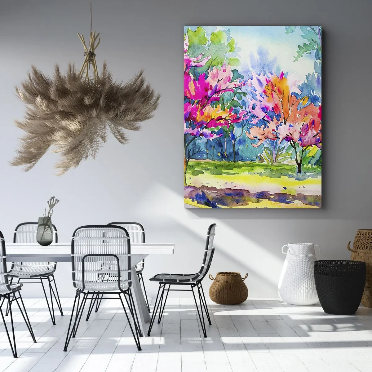 Bild auf Leinwand - Leinwandbild - Bunte Bäume in einem Park im Aquarellstil - 70x100cm - Regenbogengarten im Frühlingslicht - Moderne Wanddekoration für Wohnzimmer und Schlafzimmer ARTTOR