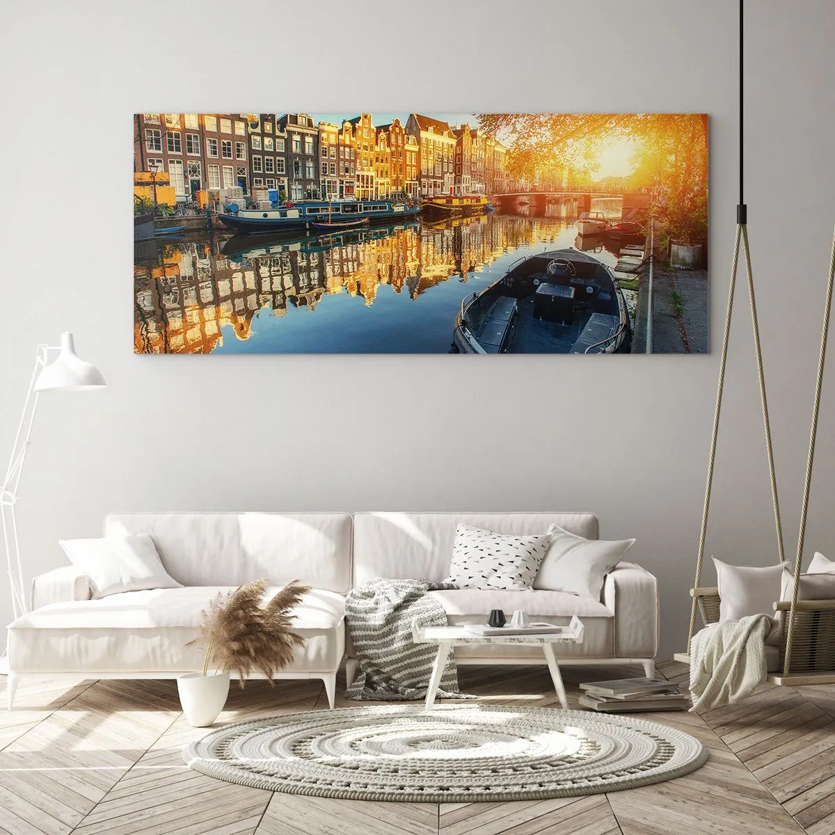 Glasbild - Bild auf glas - Amsterdamer Kanal bei Sonnenuntergang - 120x50cm - Morgen in Amsterdam - Moderne Wanddekoration für Wohnzimmer und Schlafzimmer ARTTOR