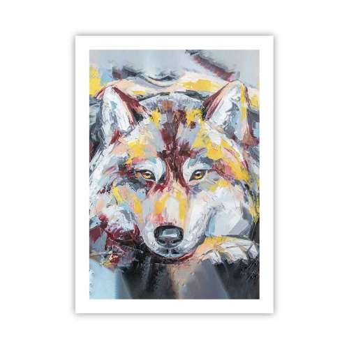 Poster - Abstraktes Porträt eines Wolfes mit bunten Pinselstrichen. - 50x70cm - Seelenfrieden unter den Lieben - Moderne Wanddekoration für Wohnzimmer und Schlafzimmer ARTTOR