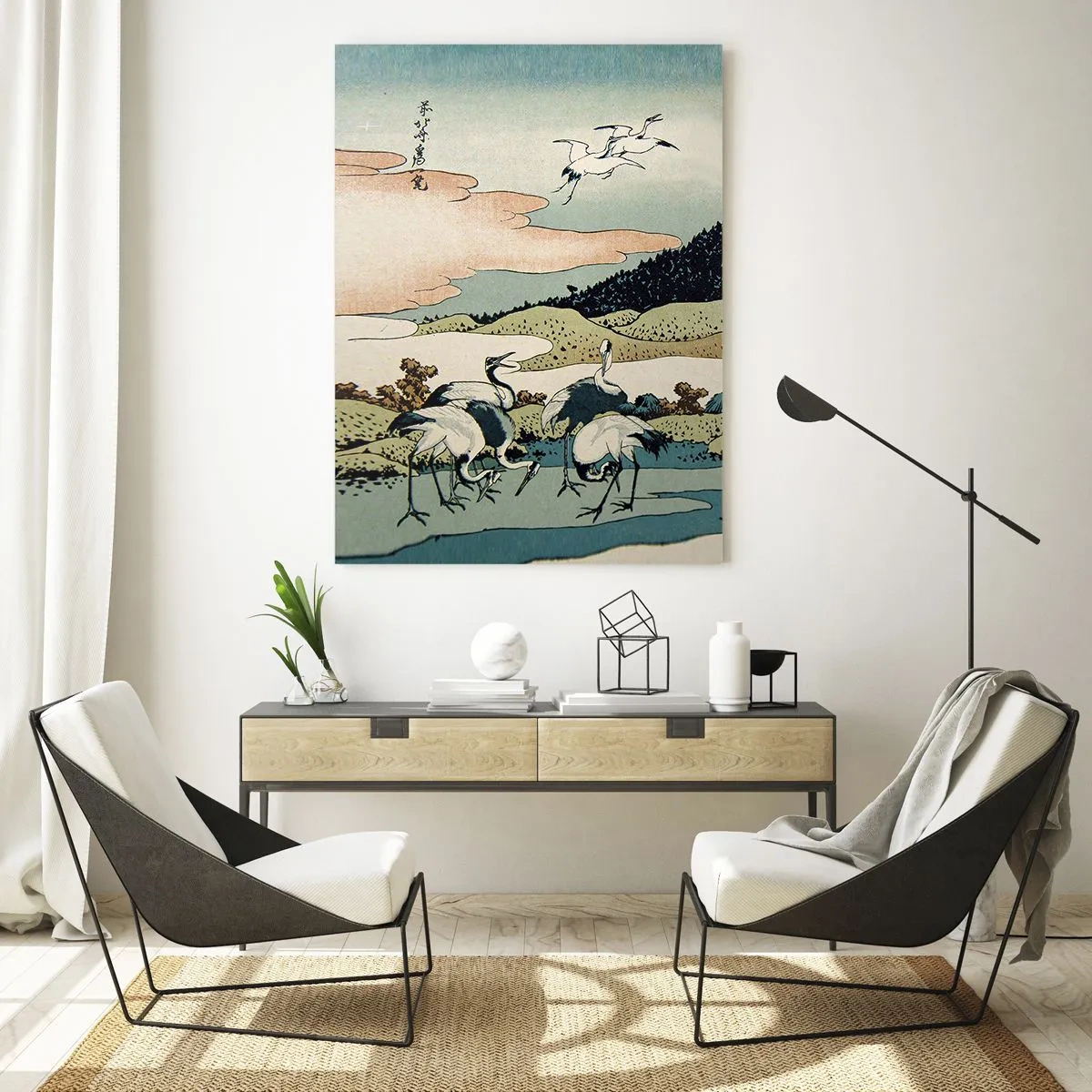 Glasbild - Bild auf glas - Traditionelle japanische Grafik mit Bergen und Kranichen - 80x120cm - Im japanischen Geist - Moderne Wanddekoration für Wohnzimmer und Schlafzimmer ARTTOR