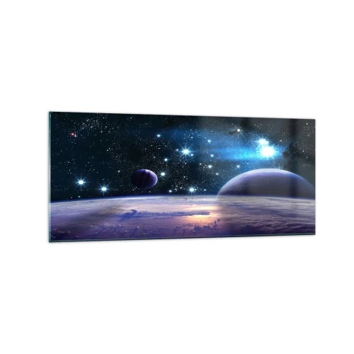 Glasbild - Bild auf glas - Ein Blick in den Weltraum mit Planeten und Sternen - 120x50cm - Noch allein? - Moderne Wanddekoration für Wohnzimmer und Schlafzimmer ARTTOR