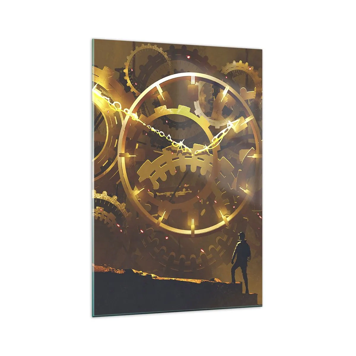 Glasbild - Bild auf glas - Goldene Zahnräder in einer surrealen Umgebung mit einer Figur - 70x100cm - An der Quelle der Zeit - Moderne Wanddekoration für Wohnzimmer und Schlafzimmer ARTTOR