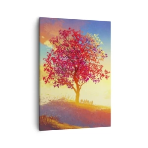 Bild auf Leinwand - Leinwandbild - Eine Figur auf einem Hügel neben einem bunten Baum im Licht der untergehenden Sonne - 50x70cm - Pilger am Ziel - Moderne Wanddekoration für Wohnzimmer und Schlafzimmer ARTTOR