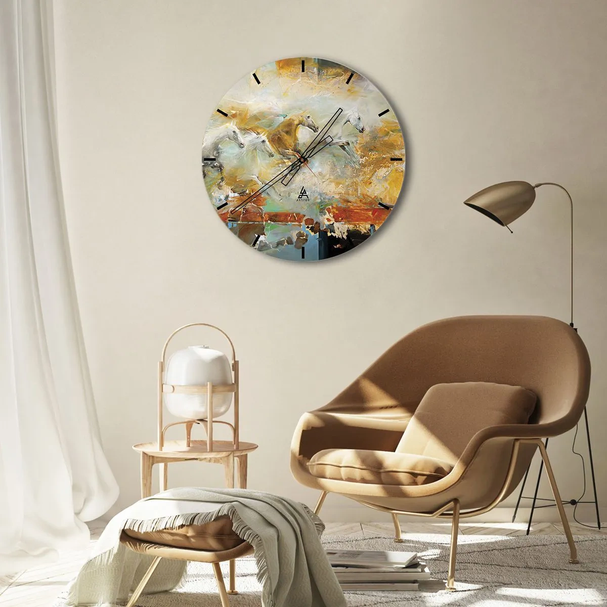Wanduhr - Glasuhr - Abstrakte Pferde in dynamischer Bewegung - 30x30cm - Im Galopp durch das Licht - Moderne Wanddekoration für Wohnzimmer, Küche und Schlafzimmer ARTTOR