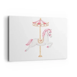 Bild auf Leinwand - Leinwandbild - Ein Karussellpferd in Pastelltönen von Rosa - 100x70cm - Er legte los - Moderne Wanddekoration für Wohnzimmer und Schlafzimmer ARTTOR