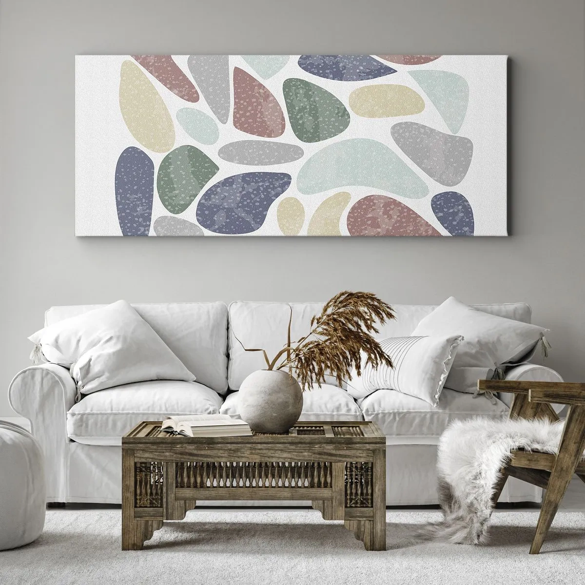 Bild auf Leinwand - Leinwandbild - Bunte organische Formen auf weißem Hintergrund - 120x50cm - Mosaik aus pulverförmigen Farben - Moderne Wanddekoration für Wohnzimmer und Schlafzimmer ARTTOR