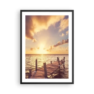 Poster in einem schwarzem Rahmen - Holzsteg am Meer bei Sonnenuntergang - 50x70cm - Das goldene Land der Sanftmut - Moderne Wanddekoration für Wohnzimmer und Schlafzimmer ARTTOR