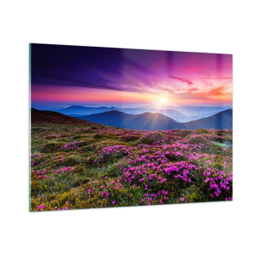 Glasbild - Bild auf glas - Berglandschaft mit Heide bei Sonnenuntergang - 100x70cm - Kräuter dufteten nach frischen Trauben von den Feldern - Moderne Wanddekoration für Wohnzimmer und Schlafzimmer ARTTOR