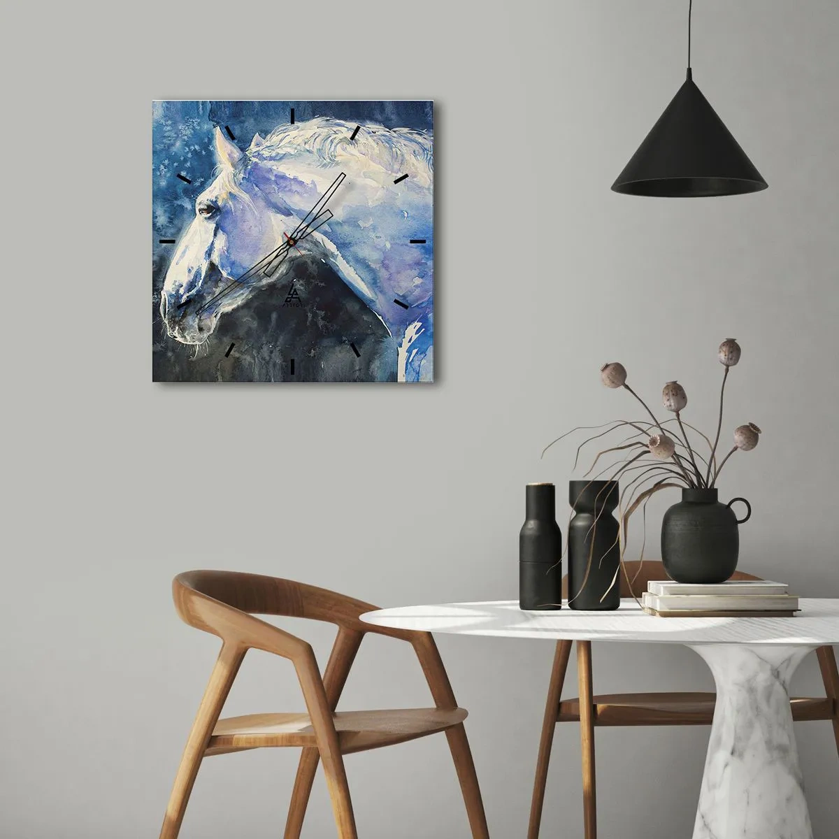 Wanduhr - Glasuhr - Ein Porträt eines Pferdes in Blautönen mit malerischem Aquarelleffekt. - 30x30cm - Porträt in blauem Glanz - Moderne Wanddekoration für Wohnzimmer und Schlafzimmer ARTTOR